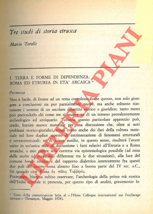 TORELLI Mario - - Tre studi di storia etrusca.