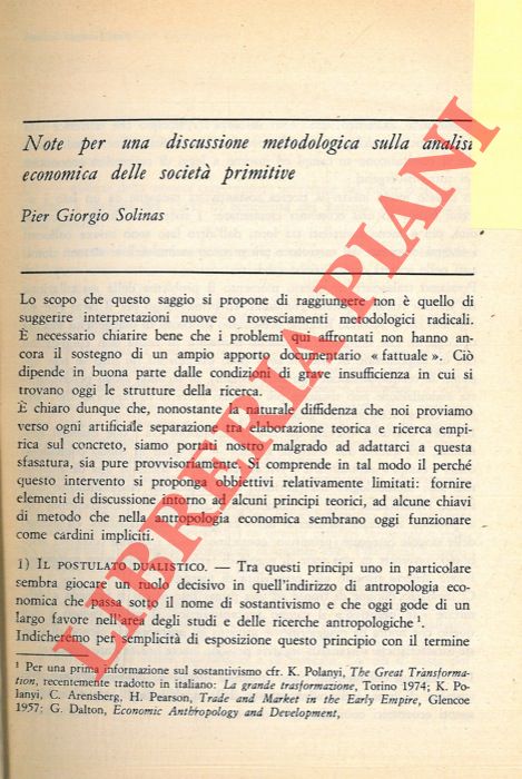 SOLINAS Pier Giorgio - - Note per una discussione metodologica sulla analisi economica delle societ primitive.