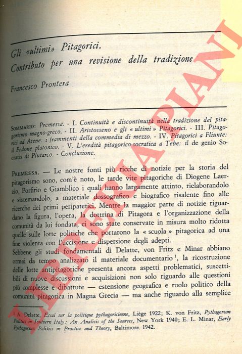 PRONTERA Francesco - - Gli 'ultimi' dei Pitagorici. Contributo per una revisione della tradizione.