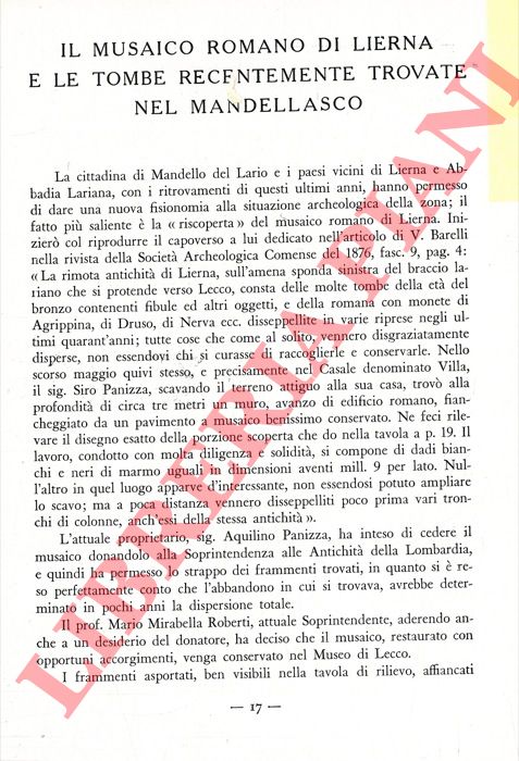 BALBIANI Antonio - - Il musaico romano di Lierna e le tombe recentemente trovate nel Mandellasco.