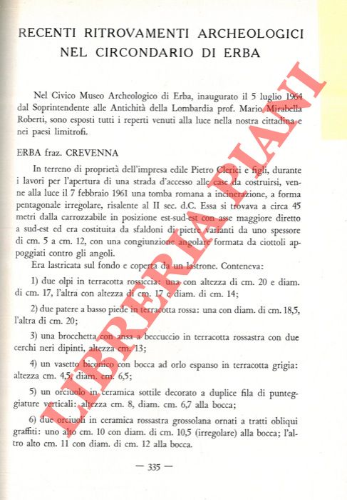ISACCHI Fernanda - - Recenti ritrovamenti archeologici nel circondario di Erba.
