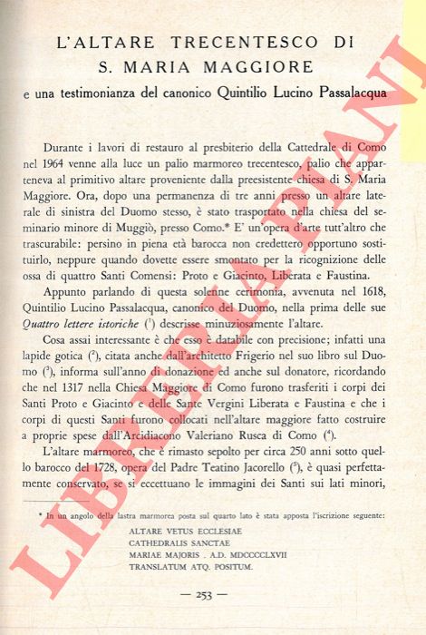 TAJETTI Oscar - - L'altare trecentesco di Santa Maria Maggiore e una testimonianza del canonico Quintilio Lucino Passalacqua.