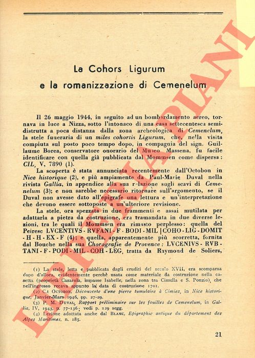 LAMBOGLIA Nino - - La Cohors Ligorum e la romanizzazione di Cemenelum.
