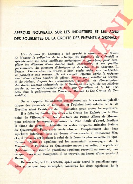 LACORRE F. - BARRAL L. - - Aperus nouveaux sur les industries et les ages des squelettes de la grotte des enfants  Grimaldi.