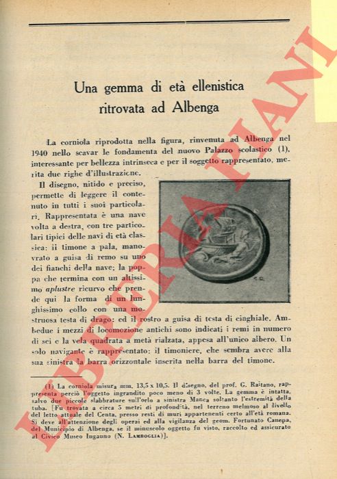 MINGAZZINI Paolino - - Una gemma d'et ellenistica scoperta ad Albenga.