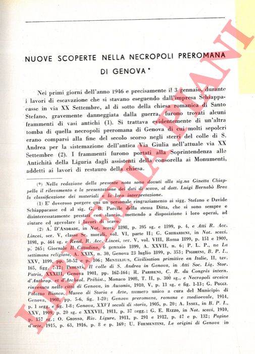 BERNABO' BREA Luigi - CHIAPPELLA Ginetta - - Nuove scoperte nella necropoli preromana di Genova.
