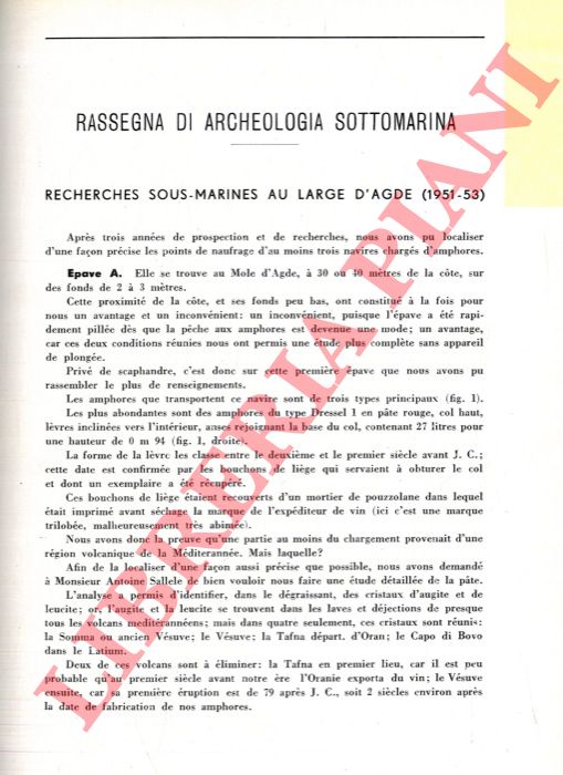 BOUSCARAS A. - - Recherches sous-marine au large d'Agde (1951-53) .