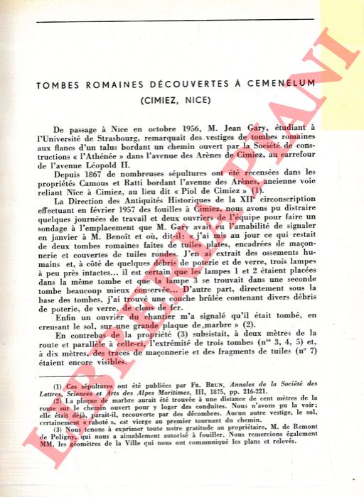 RIGOIR J. ET Y. - - Tombes romaines dcouvertes  Cemenelum (Cimiez, Nice) .