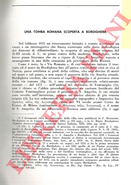 LAMBOGLIA Nino - - Una tomba romana scoperta a Bordighera.