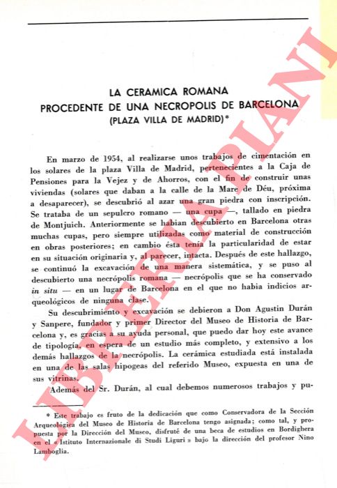 ADROER Ana Maria - - La ceramica romana procedente de una necropolis de Barcelona (Plaza Villa de Madrid) .