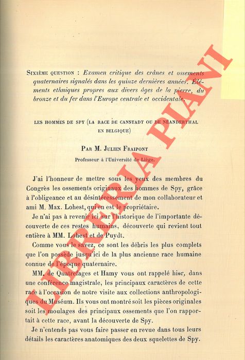 FRAIPONT J. - MANOUVIRER L. - TOPINARD - HARDY - HAMY E. T. - JACQUE V. - VERRIER - - Examen critique des cranes et ossements quaternaires signals dans les quinze dernires annes. Elments ethniques propres aux divers ages de la pierre, du bronze et du fer dans l'Europe centrale et occidentale. 1. Les hommes de Spy (la race de Canstadt ou de Nanderthal en Belgique) . 2. La platymrie. 3. La paloanthropologie. 4. Dcouverte d'une spulture de l'poque quaternaire  Chancelade (Dordogne) . 5. Nouveaux matriaux pour servir  l'tude de la palontologie humaine. 6. Les races prhistoriques de l'Espagne. 7. Note sur deux cranes d'Australiens e la tribu des Avardis.