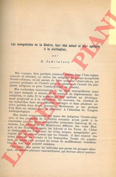IADRINTSEV N. - - Les mongoloides de la Sibrie, leur tat actuel et leur aptitude  la civilisation.