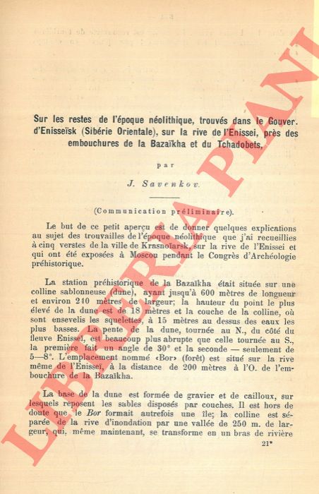 SAVENKOV I. - - Sur les restes de l'poque nolitique dans le gouv d'Enisseisk.