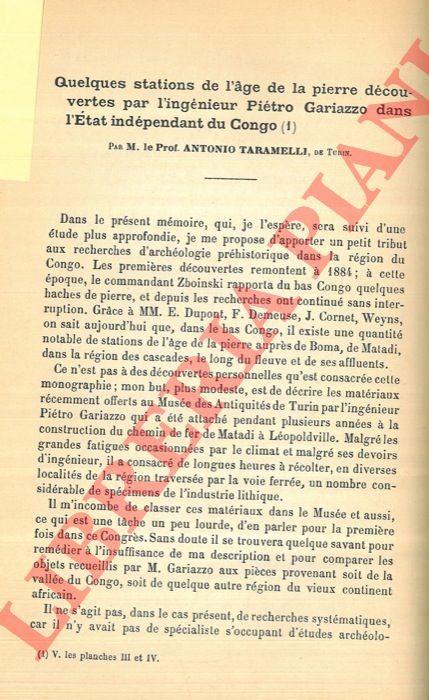 TARAMELLI Antonio - - Quelques stations de l'age de la pierre dcouvertes par l'ingnieur Pietro Gariazzo dans l'Eta indpendant du Congo.
