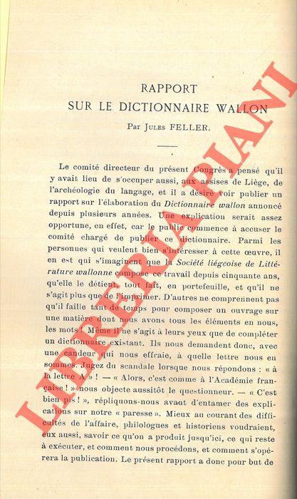 FELLER Jules - - Rapport sur le dictionnaire Wallon.