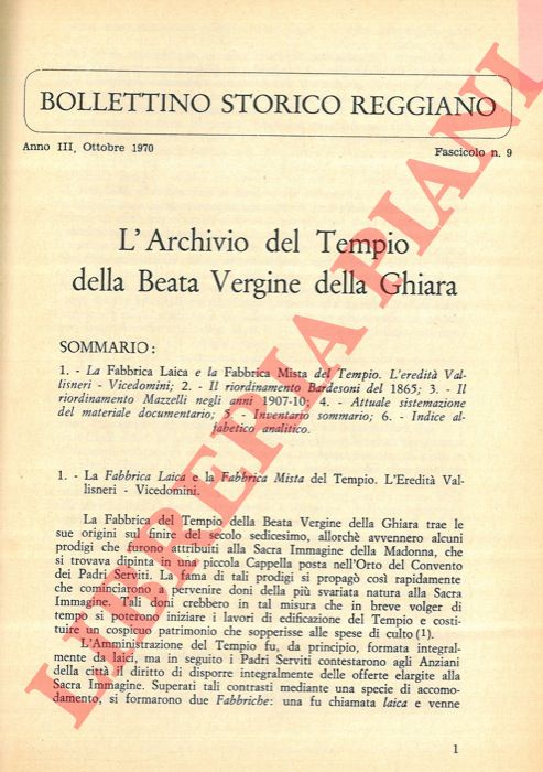 BADINI Gino - - L'Archivio del Tempio della Beata Vergine della Ghiara.