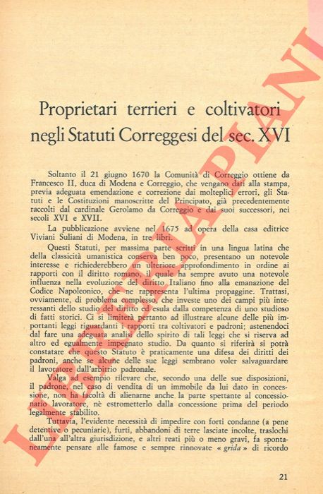 BARBIERI Vanna - - Proprietari terrieri e coltivatori negli Statuti Cprreggesi del sec. XVI.