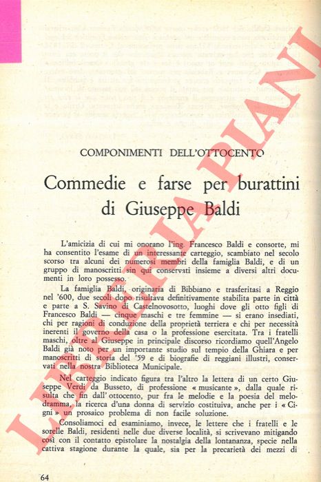 DAVOLI Giuseppe - - Commedie e farse per burattini di Giuseppe Baldi. Componimenti dell'Ottocento.
