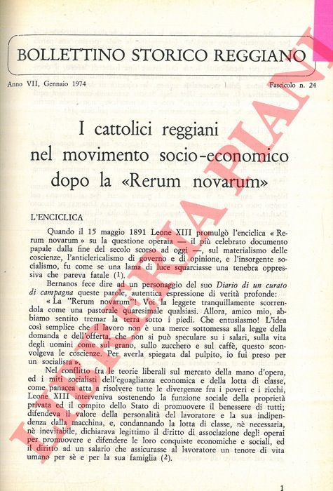 LINDNER Carlo - - I cattolici reggiani nel movimento socio-economico dopo la 'Rerum novarum' .