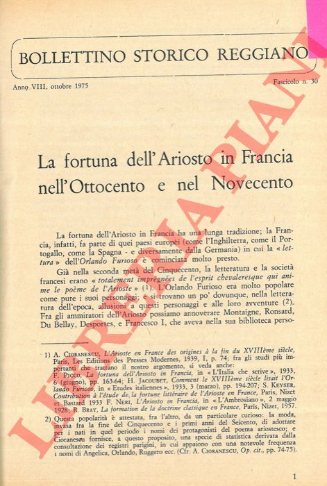 BASSANI NARDI Isabella - - La fortuna dell'Ariosto in Francia nell'Ottocento e nel Novecento.