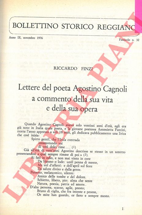 FINZI Riccardo - - Lettere del poeta Agostino Cagnoli a commento della sua vita e della sua opera.