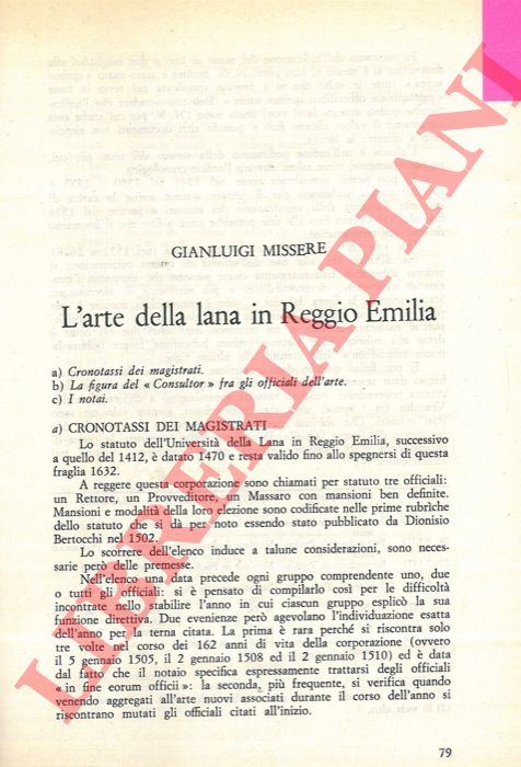MISSERE Gianluigi - - L'arte della lana in Reggio Emilia.