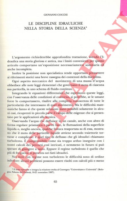 COCCHI Giovanni - - Le discipline idrauliche nella storia della scienza. Hydraulics in the history of science.