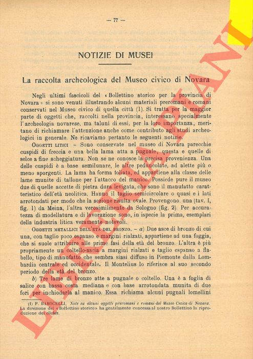 G. B. - - La raccolta archeologica del Museo Civico di Novara.