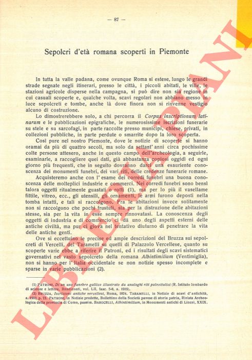 BAROCELLI Piero - - Sepolcri d'et romana scoperti in Piemonte.