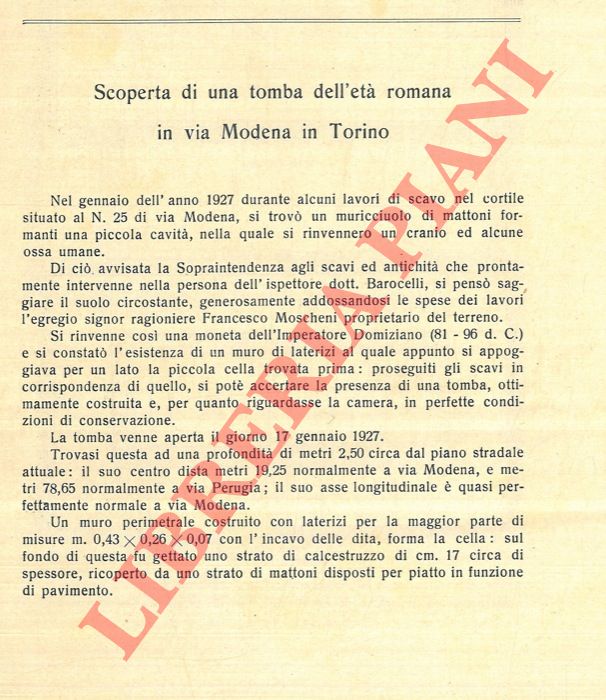MIDANA Arturo - - Scoperta di una tomba dell'et romana in via Modena in Torino.