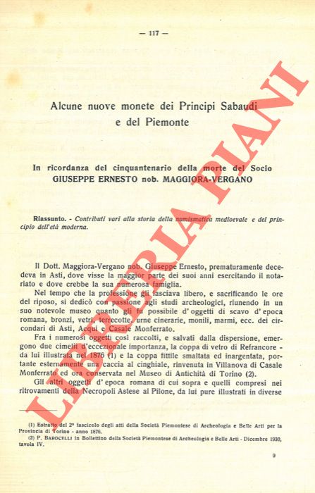 MAGGIORA VERGANO Arnaldo - - Alcune nuove monete dei Principi Sabaudi e del Piemonte. In ricordanza del cinquantenario della morte del Socio Giuseppe Ernesto nob. Maggiora Vergano.
