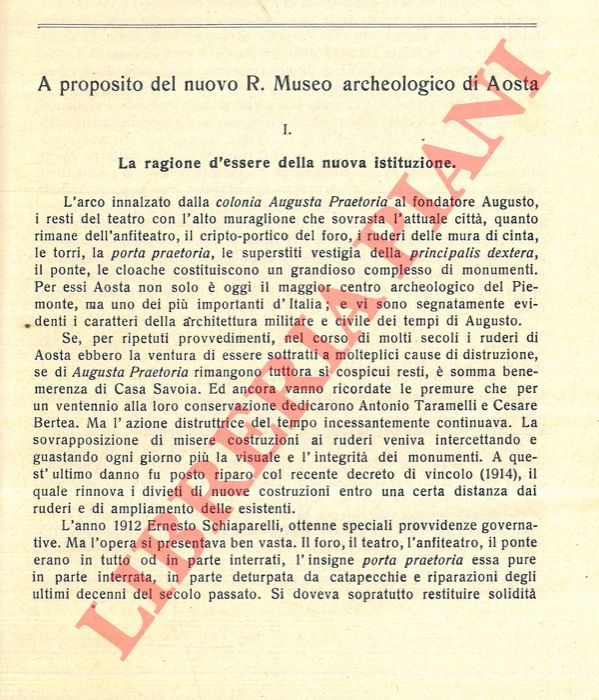 BAROCELLI Piero - - A proposito del nuovo R. Museo Archeologico di Aosta.