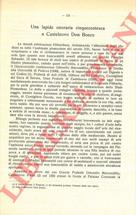 FILIPELLO S. - - Una lapide onoraria cinquecentesca a Castelnuovo Don Bosco.
