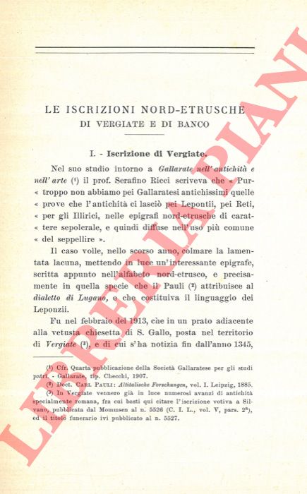GIUSSANI A. - - Le iscrizioni nord-etrusche di Vergiate e di Banco.