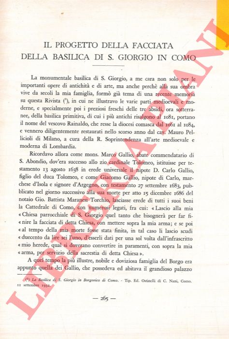 GIUSSANI Antonio - - Il progetto della facciata della Basilica di S. Giorgio in Como.