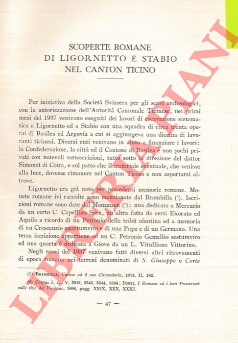 BASERGA Giovanni - - Scoperte romane di Ligornetto e Stabio nel Canton Ticino.