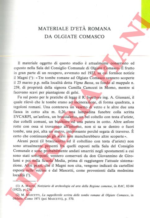 BUTTI RONCHETTI Fulvia - - Materiale d'et romana da Olgiate Comasco.