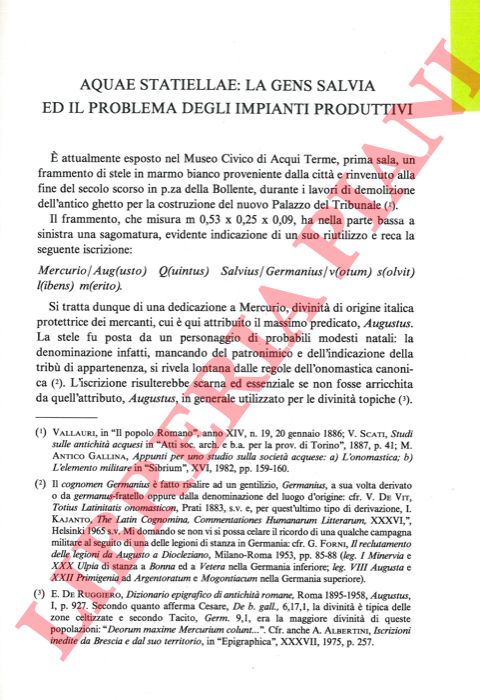 ANTICO GALLINA Mariavittoria - - Aquae Statiellae: la gens Salvia ed il problema degli impianti produttivi.