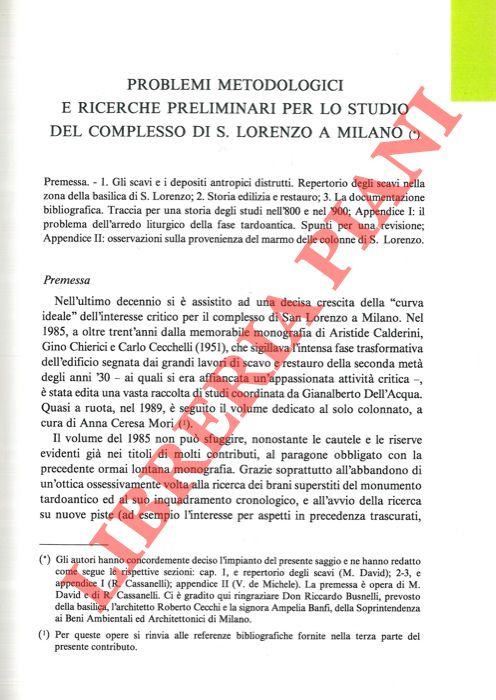 CASSANELLI Roberto - DAVID Massimiliano - DE MICHELE Vincenzo - - Problemi metodologici e ricerche preliminari per lo studio del complesso di S. Lorenzo a Milano.