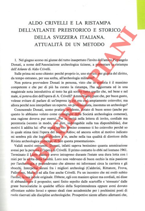 LURASCHI Giorgio - - Aldo Crivelli e la ristampa dell'Atlante preistorico e storico della Svizzera Italiana. Attualit di un metodo.