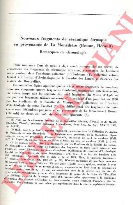 JULLY Jean Jacques - MAJUREL Ren - - Nouveaux fragments de cramique trusque en provenance de La Mondire (Bessan, Hrault) . Remarques de chronologie.