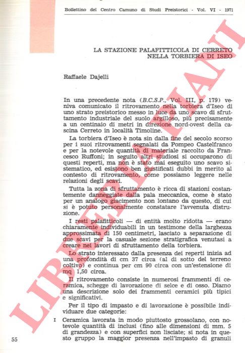 DAJELLI Raffaele - - La stazione palafitticola di Cerreto nella torbiera di Iseo.