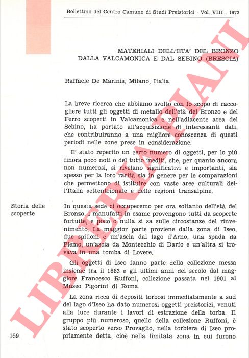 DE MARINIS Raffaele - - Materiali dell'Et del Bronzo dalla Valcamonica e dal Sebino (Brescia) .