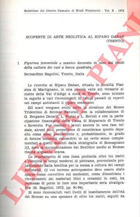BAGOLINI Bernardino - DE MARINIS Raffaele - - Scoperte di arte neolitica al Riparo Gaban (Trento) .