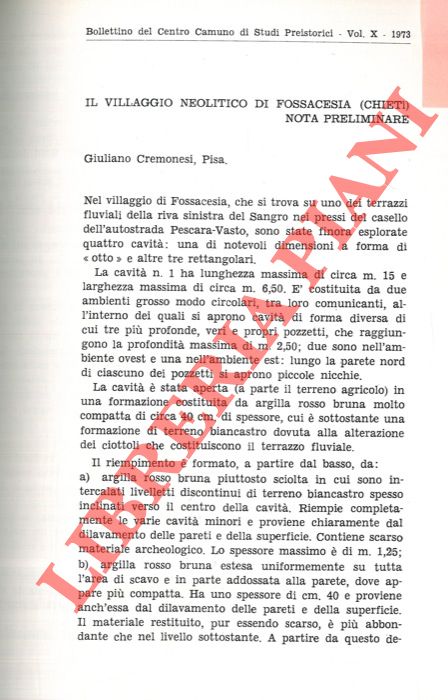 CREMONESI Giuliano - - Il villaggio neolitico di Fossacesia (Chieti) . Nota preliminare.