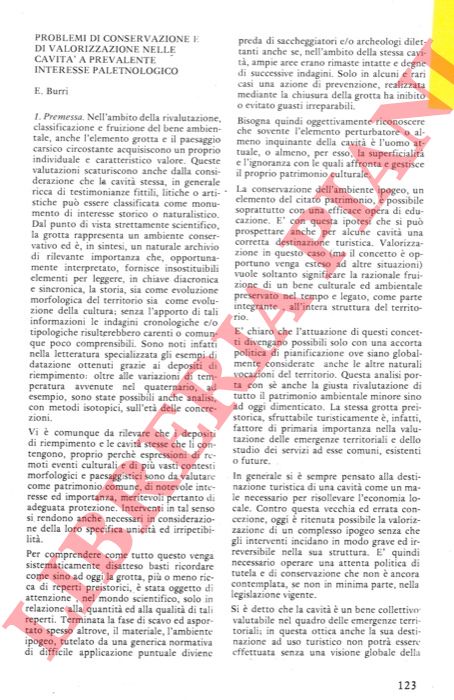 BURRI Ezio - - Problemi di conservazione e di valorizzazione nelle cavit a prevalente interesse paletnologico.