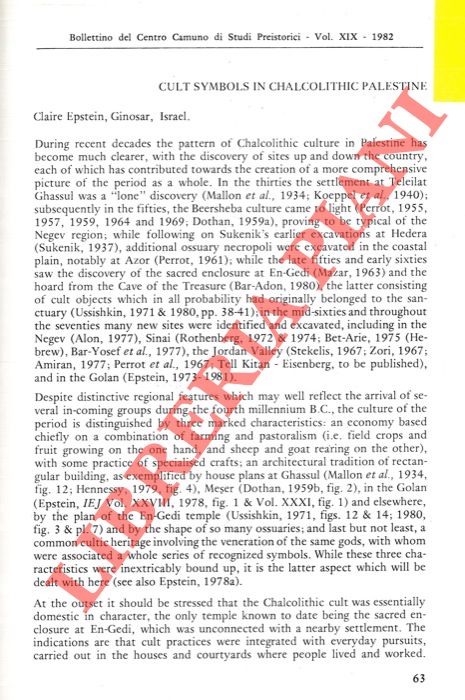 EPSTEIN Claire - - Cult Symbol in Chalcolithic Palestine.