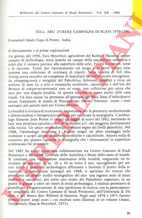 ANATI Emmanuel - - Tell Abu Zureiq: campagne di scavi 1979-1980.