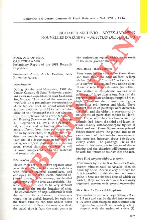 ANATI Emmanuel - FRADKIN Ariela - SIMOES DE ABREU Mila - - Rock Art of Baja California Sur: Preliminary Report of the 1981 Research Expedition.