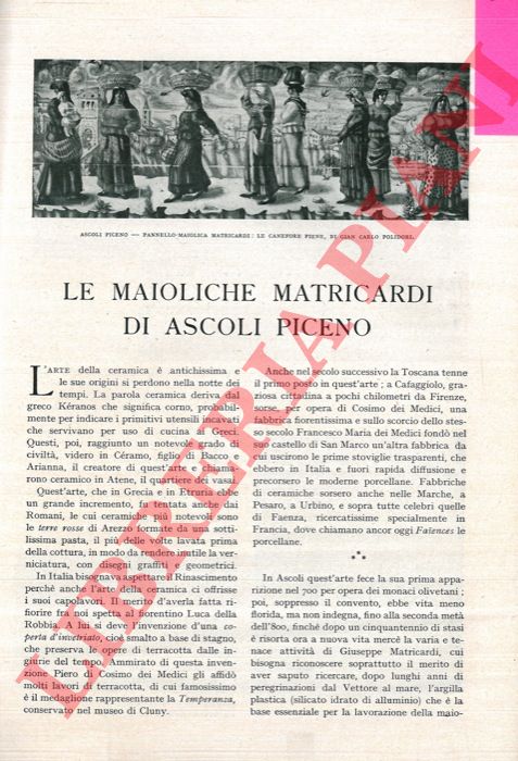 CLAPS D. - - Le maioliche Matricardi di Ascoli Piceno.